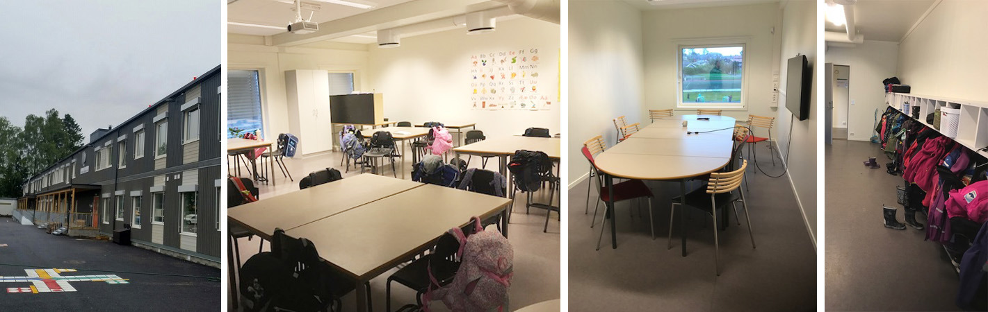 Kollasje av
bilder utenpå og inni modulbygg, med klasserom, grupperom og garderobe
