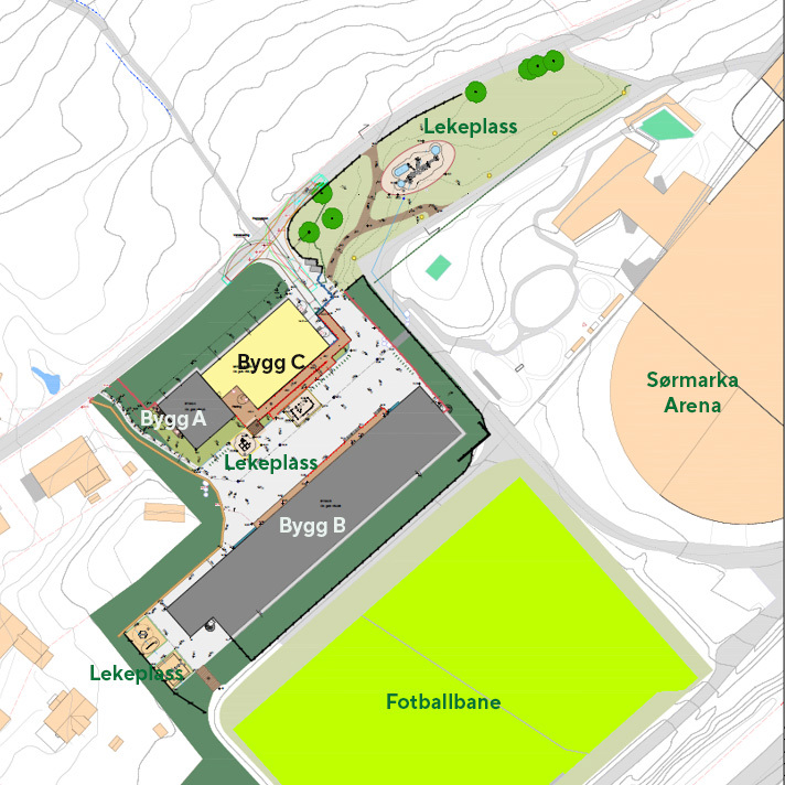 Situasjonsplan over modulskolen og uteområdene.