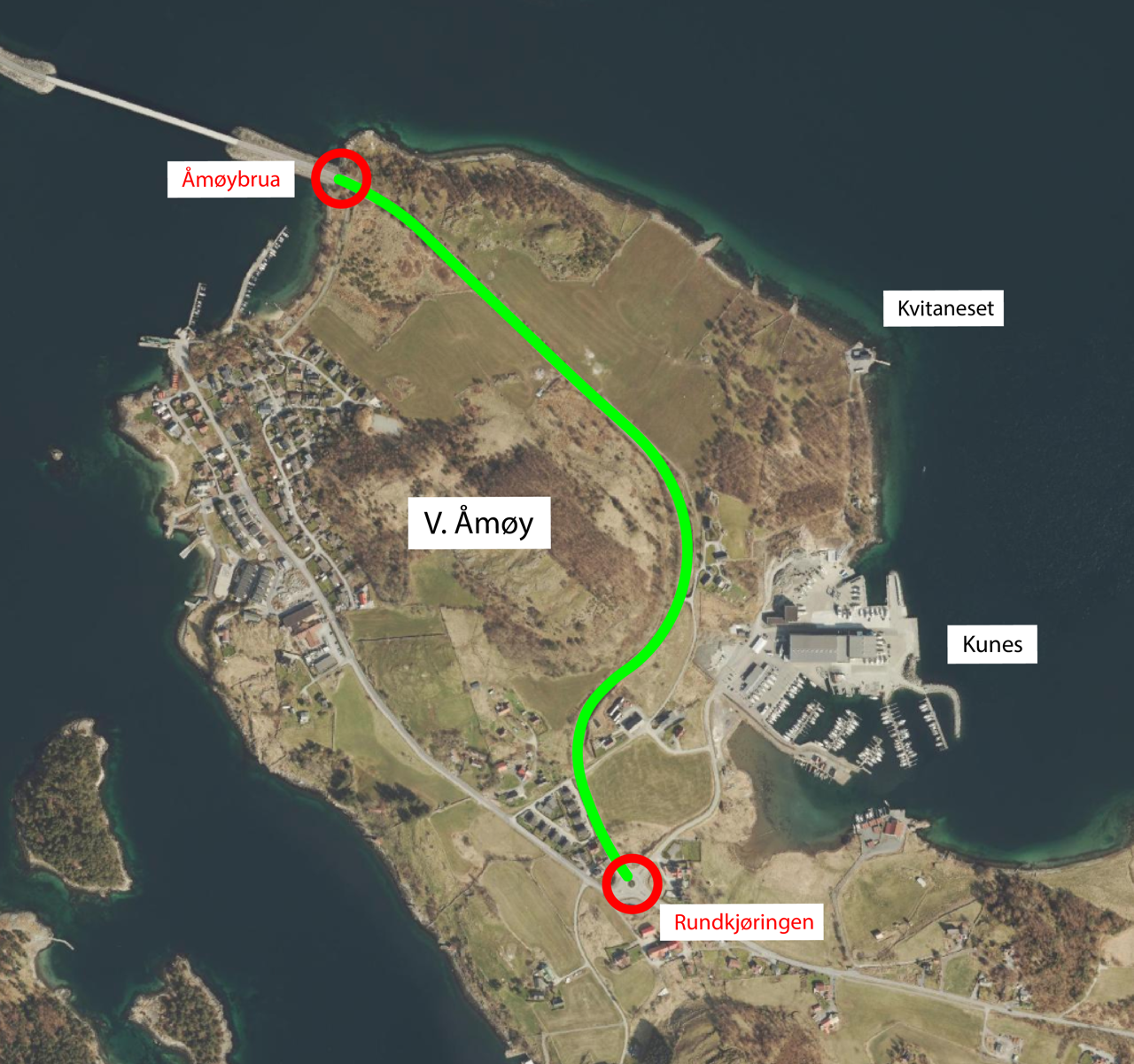 Bildet viser plasseringen av gang- og sykkelstien på Vestre Åmøy Bildet viser plasseringen av gang- og sykkelstien på Vestre Åmøy