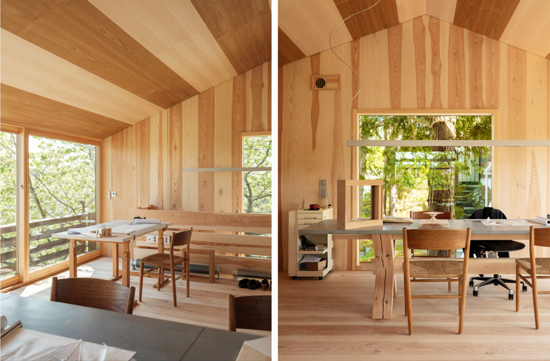 Interiør-bilder fra annekset, med mye bruk av tre. 