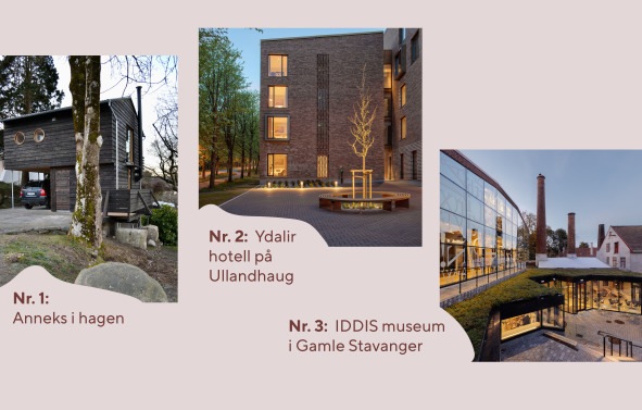 Bilder av de tre nominerte til årets pris: Et anneks i en hage på Storhaug, hotellet Ydalir på Ullandhaug og IDDIS-museet i Gamle Stavanger.