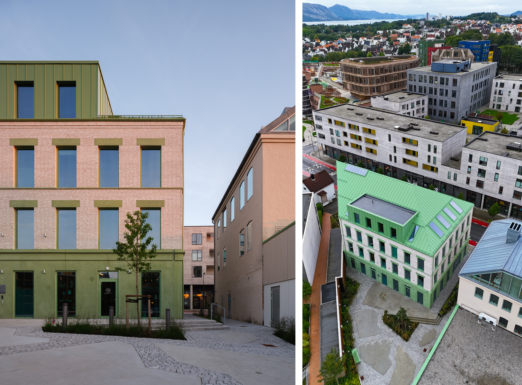 Bygget sett fra baksiden, med et byrom og en passasje ut til gaten. Og et bilde sett fra luften, der vi ser at vinnerbygget ligger i en tett bybebyggelse.