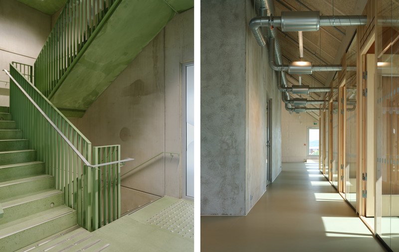 To interiørbilder: grønn trapp og kontorlokaler med synlige tekniske installasjoner. 