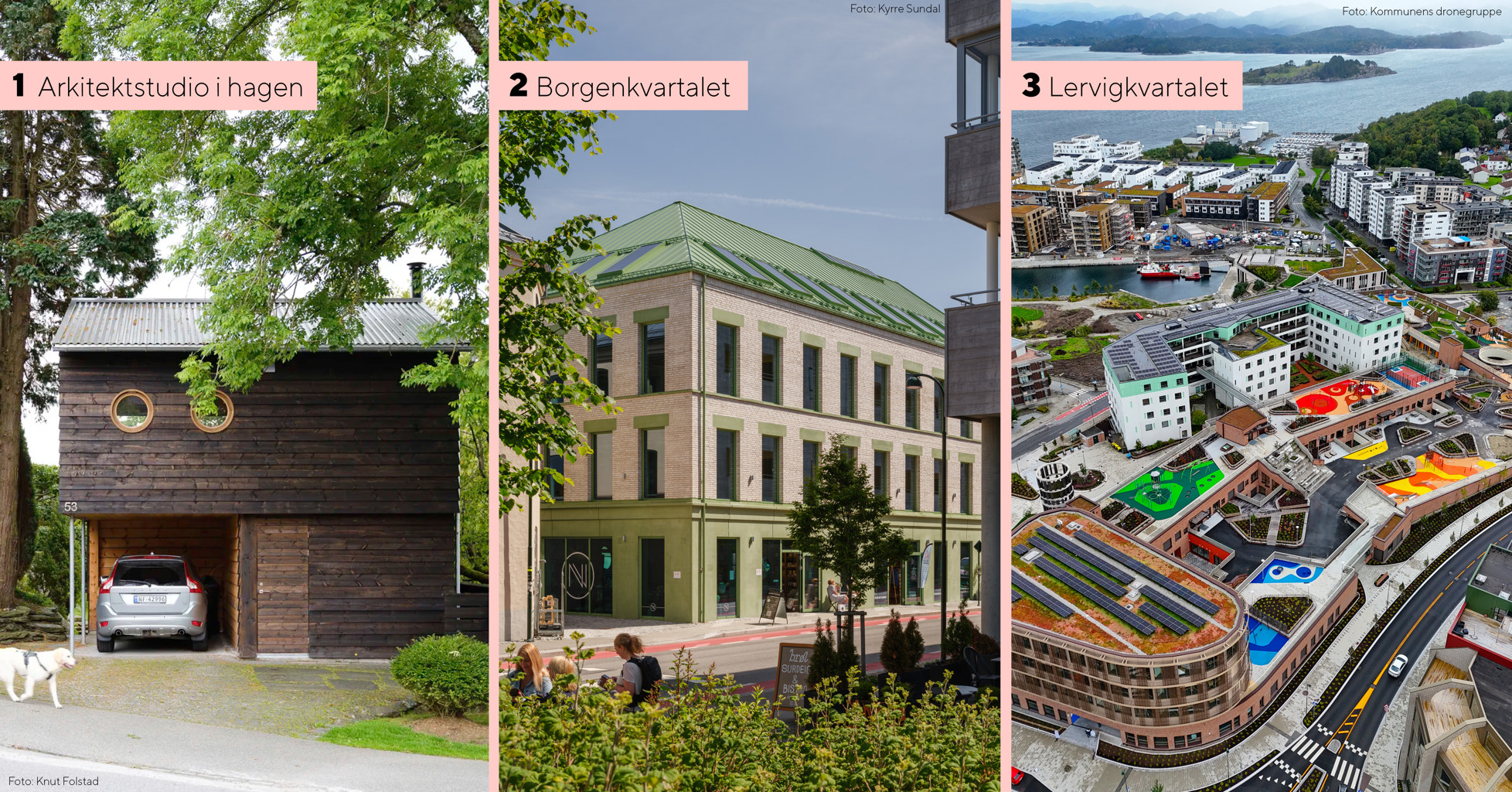 Bilder av de tre kandidatene: Et lite anneks blant trær, et kontorbygg i et urbant miljø og et dronebilde av et stort anlegg med skolegård og barnehage på taket.