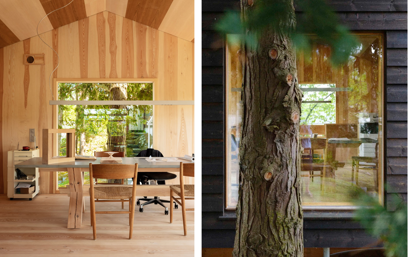 To bilder som viser det samme sett utenfra og innenfra. Et tre tett på annekset, og vindu ut mot treet.