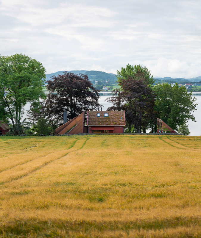 Gul åker i forgrunnen, hus med tilbygg og pergola midt i bildet, og fjorden i bakgrunnen.