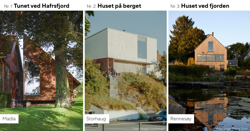 Bilder av de tre nominerte: Et tilbygg til et eldre hus ved høye trær, et modernistisk bygg på toppen av et berg, og et hus helt nede ved sjøen. 