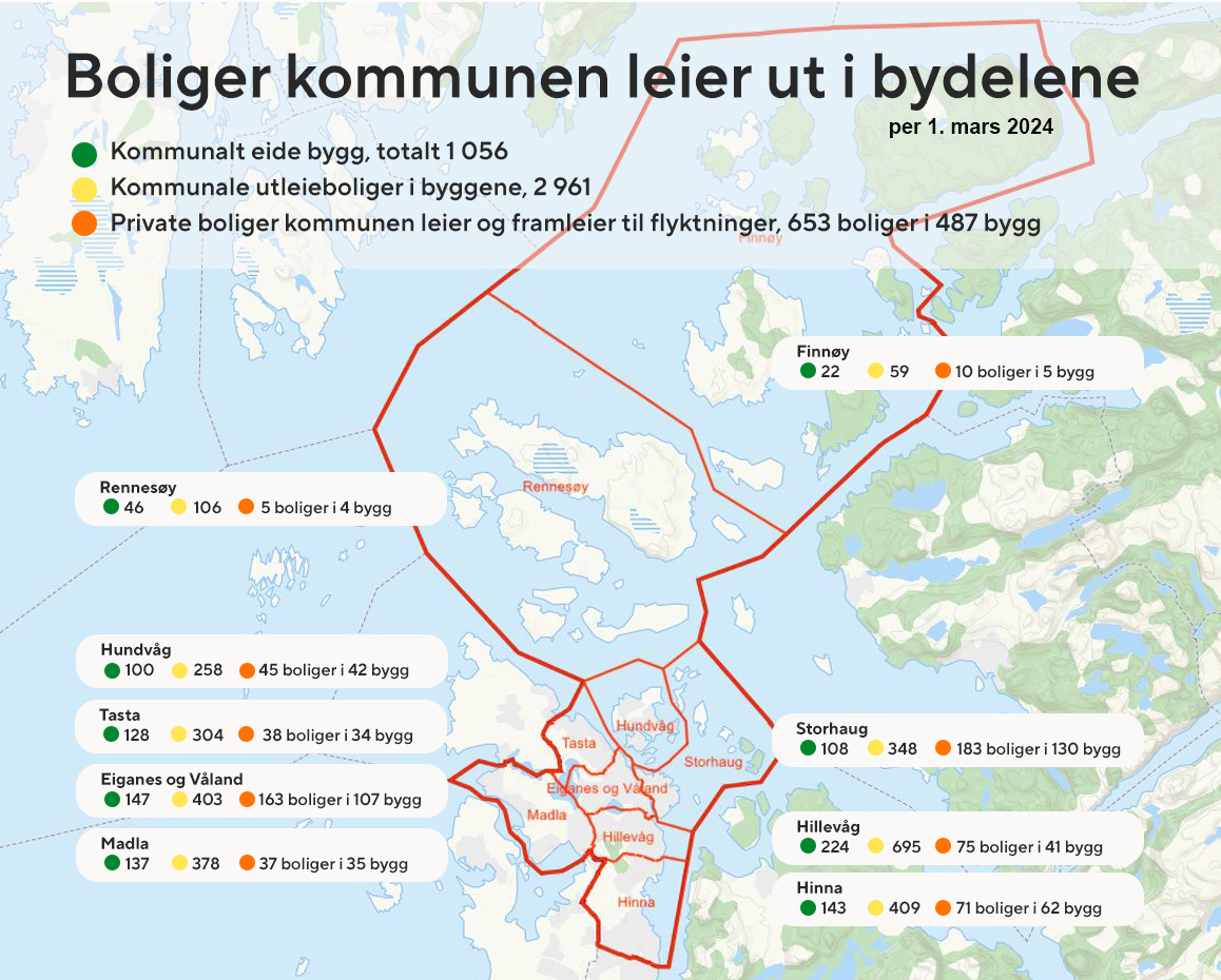 kart som viser hvor i kommunen kommunale utleieboliger finnes pr mars 2024