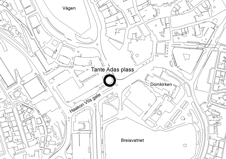 Kart som viser plassering av Tante Adas plass, ved Ankerbygget visavis torget i Stavanger sentrum