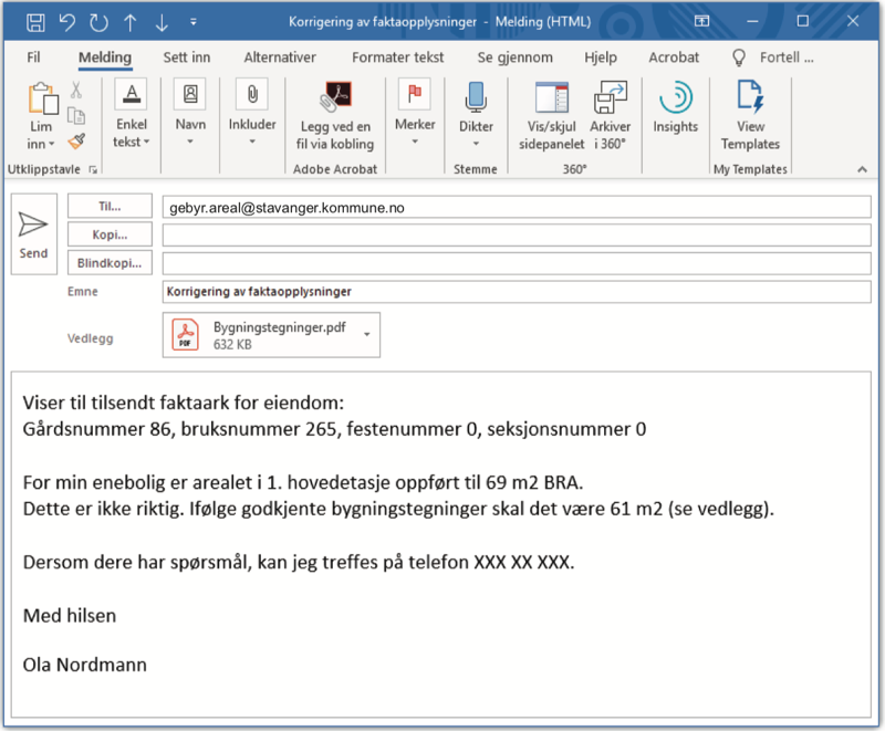 Eksempel på e-post der en huseier melder fra om feil i faktaarket. 