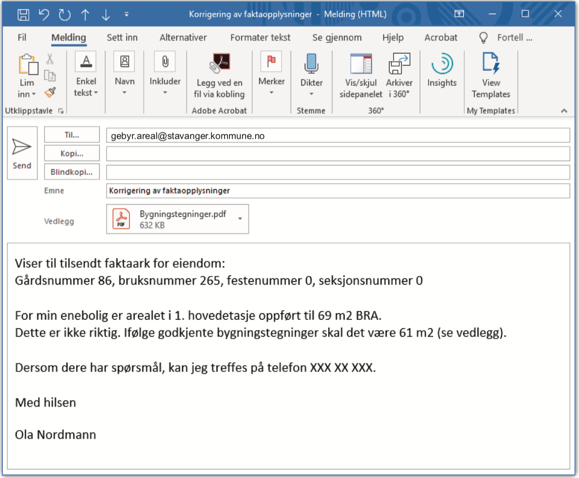 Eksempel på e-post der en huseier melder fra om feil i faktaarket.