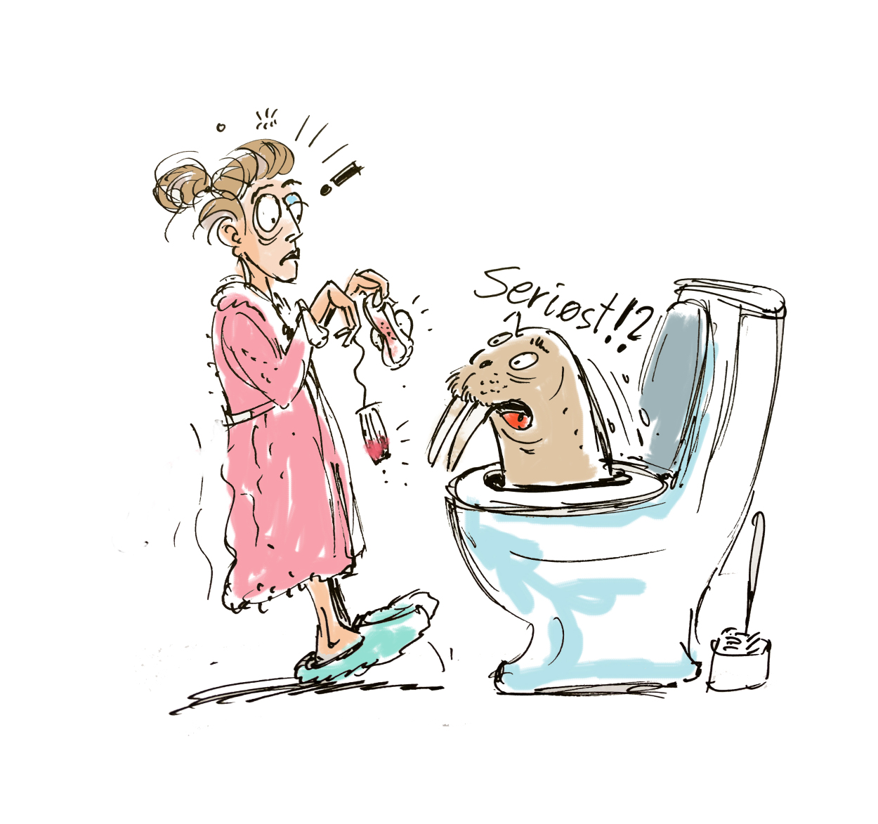Tegning: Kvinne står og skal kaste tampong og bind i toalettet, en hvalross dukker opp av skåla og roper "Seriøst!!!"