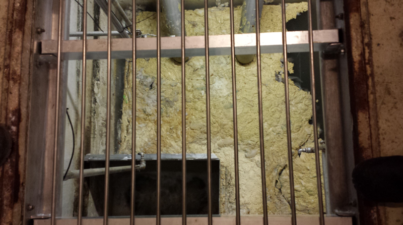 Under en rist er et basseng med avløpsvann. På toppen ligger er tykt lag med gulhvitt fett