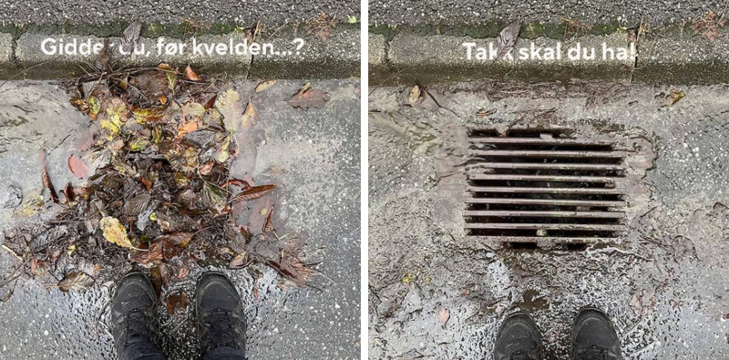 To bilder, ett med rist fulle av løv og rusk og rask, ett med åpen sluk.