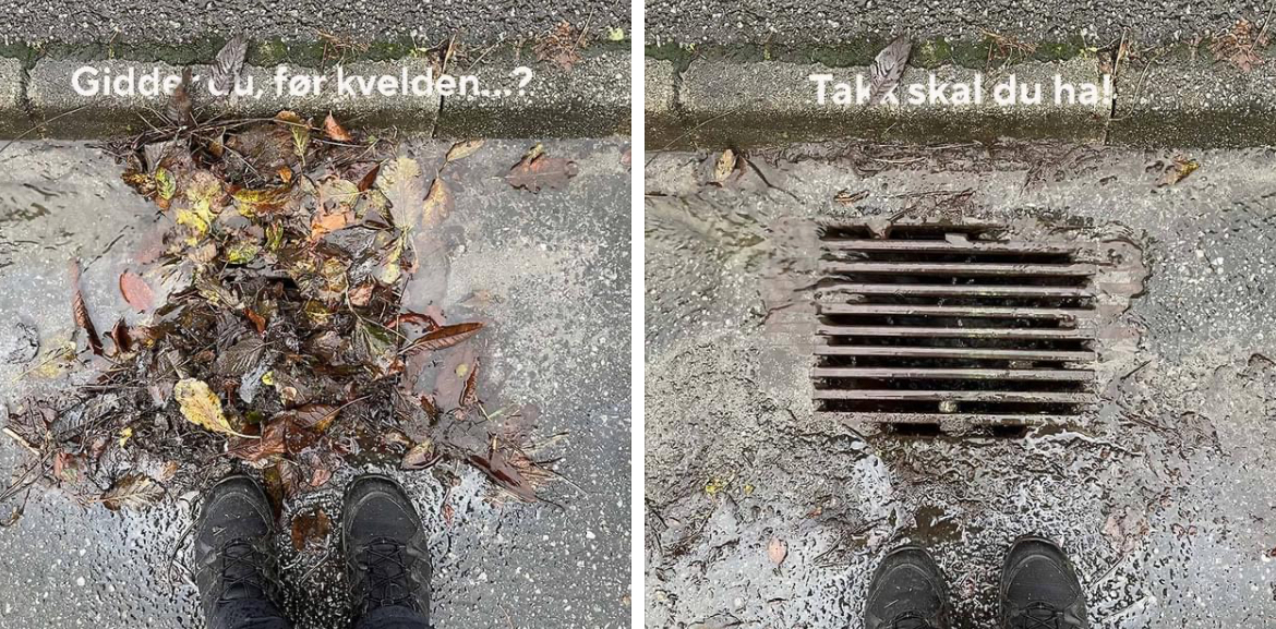 To bilder, ett med rist fulle av løv og rusk og rask, ett med åpen sluk.