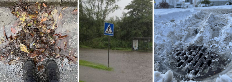 Tre bilder: En rist full av løv, en oversvømt vei og en sluk delvis dekket av snø.