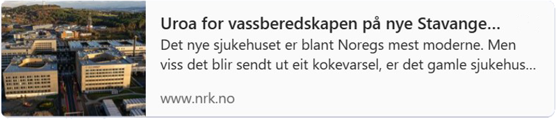 Banner med lenke til nrk-artikkel om vannberedskapen til nytt sykehus i Stavanger.