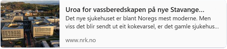Banner med lenke til nrk-artikkel om vannberedskapen til nytt sykehus i Stavanger.