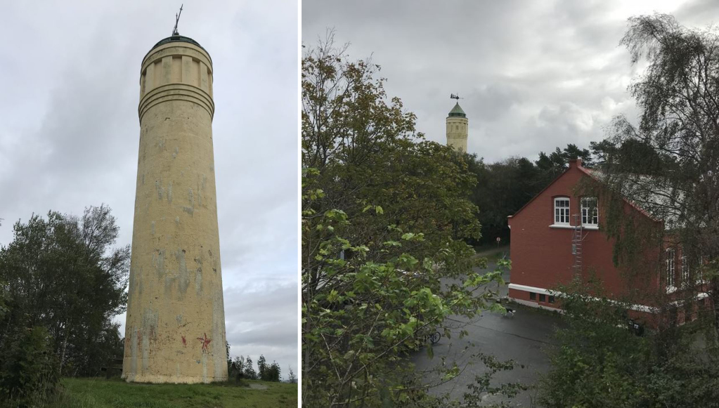 Vanntårnet på Buøy, og tårnets nabo, Buøy skole