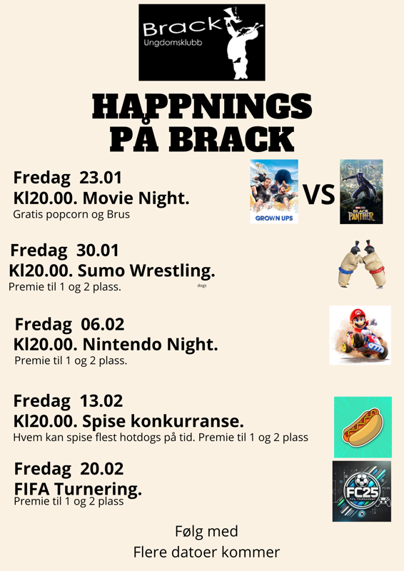 aktiviteter brack fredag januar 2026