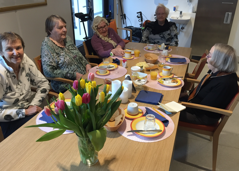 Avbildet fra venstre rundt bordet er; Margrethe Valle, Borgny Koltveit, Ingeborg Egeland, Sigrid Mathisen og Rigmor Seim