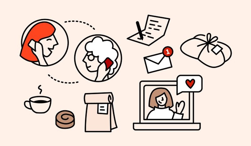 Tegning av mennesker i samtale, julegave og julekort.