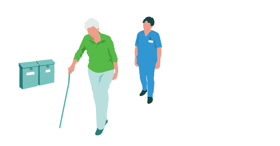 Hjelpepleier ser på mens eldre kvinne med stokk går for å hente posten selv.