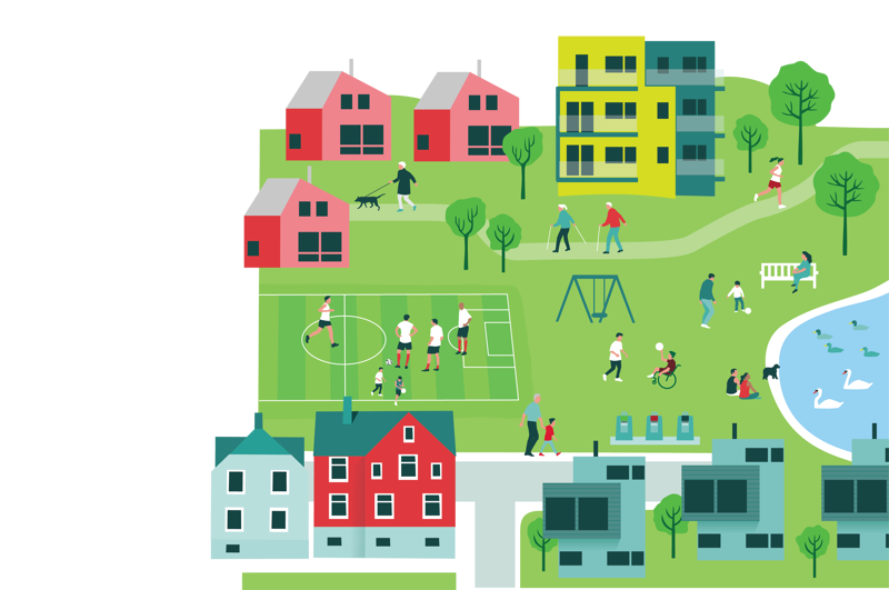 Nabolag med boliger, fotballbane, park og friluftsliv. 