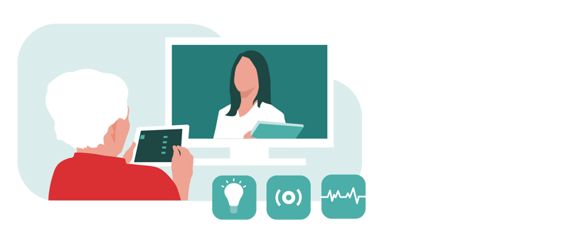 Eldre kvinne som snakker med helsearbeider via en skjerm 