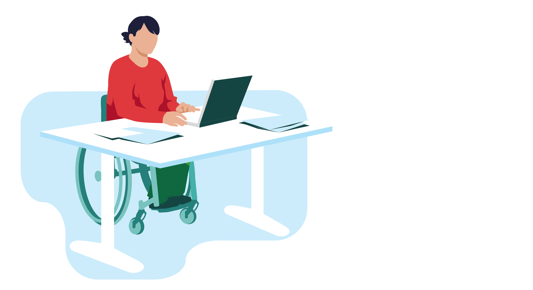 Kvinne i rullestol sitter og jobber ved en pult.