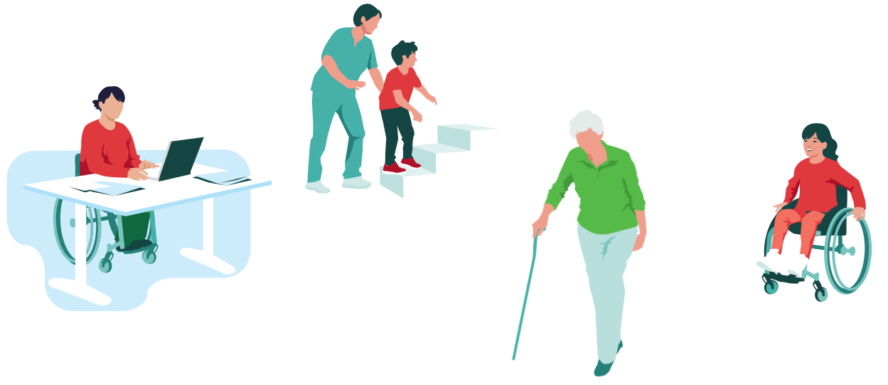 Illustrasjon av en kontorarbeider og et barn i rullestol, eldre dame med stokk, og en gutt som får hjelp til å gå opp en trapp.