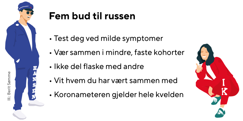 Test deg ved milde symptomer   
Vær sammen i mindre, faste kohorter   
Ikke del flaske med andre   
Vit hvem du har vært sammen med   
Koronameteren gjelder hele kvelden