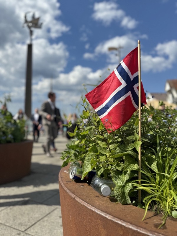 Bilde av flagg og tomme flasker og bokser med alkohol i Stavanger sentrum