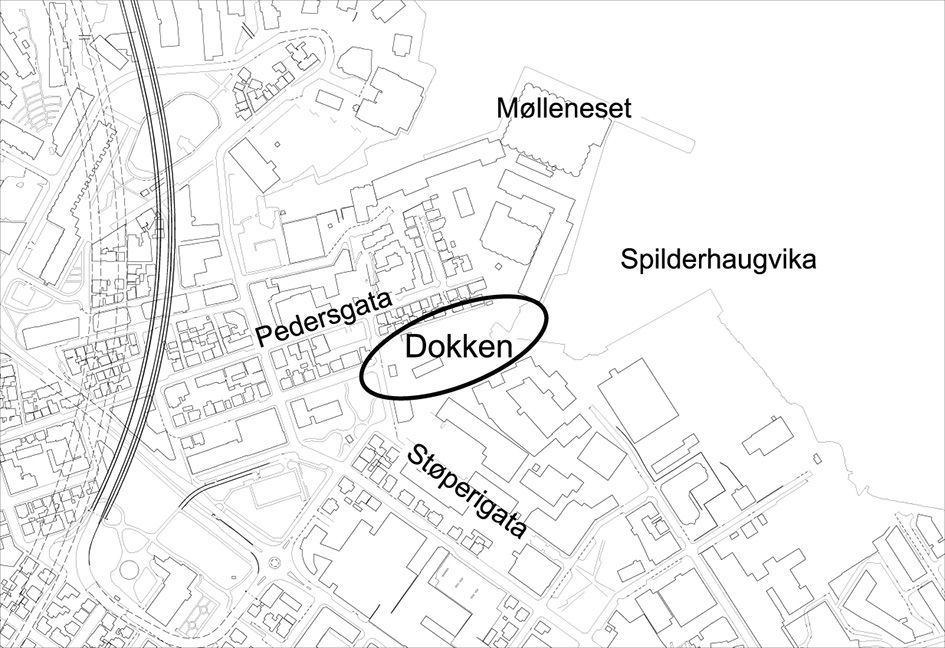 Kart som viser hvor parken Dokken befinner seg, like ved IMS/Europris i østre bydel