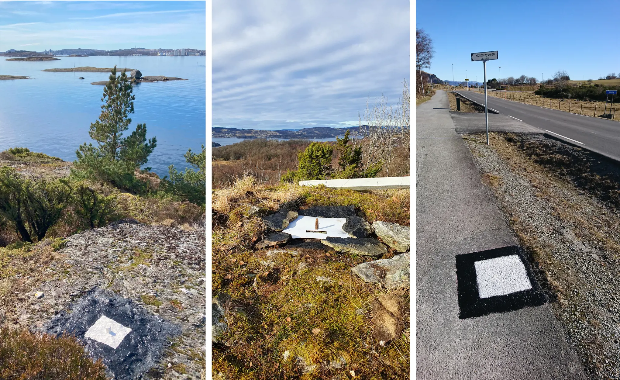 Tre eksempler på signalmerker: Hvit firkant i midten, bred svart ramme rundt. De kan enten være malt rett på bakken, eller være en hvit plate som holdes nede med svartmalte steiner.