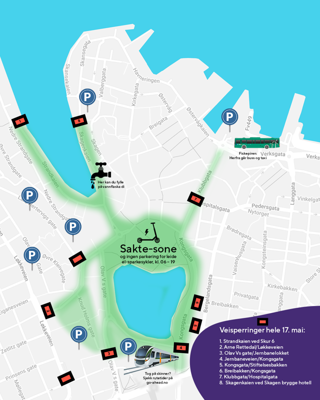 illustrasjon og kart over stengte veier, sakte-sone og trafikkbildet i sentrum 17. mai