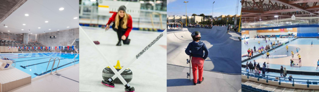 Collage med ulike idrettsbilder, fra svømmehall, curling, bandy i idrettshall og skatepark