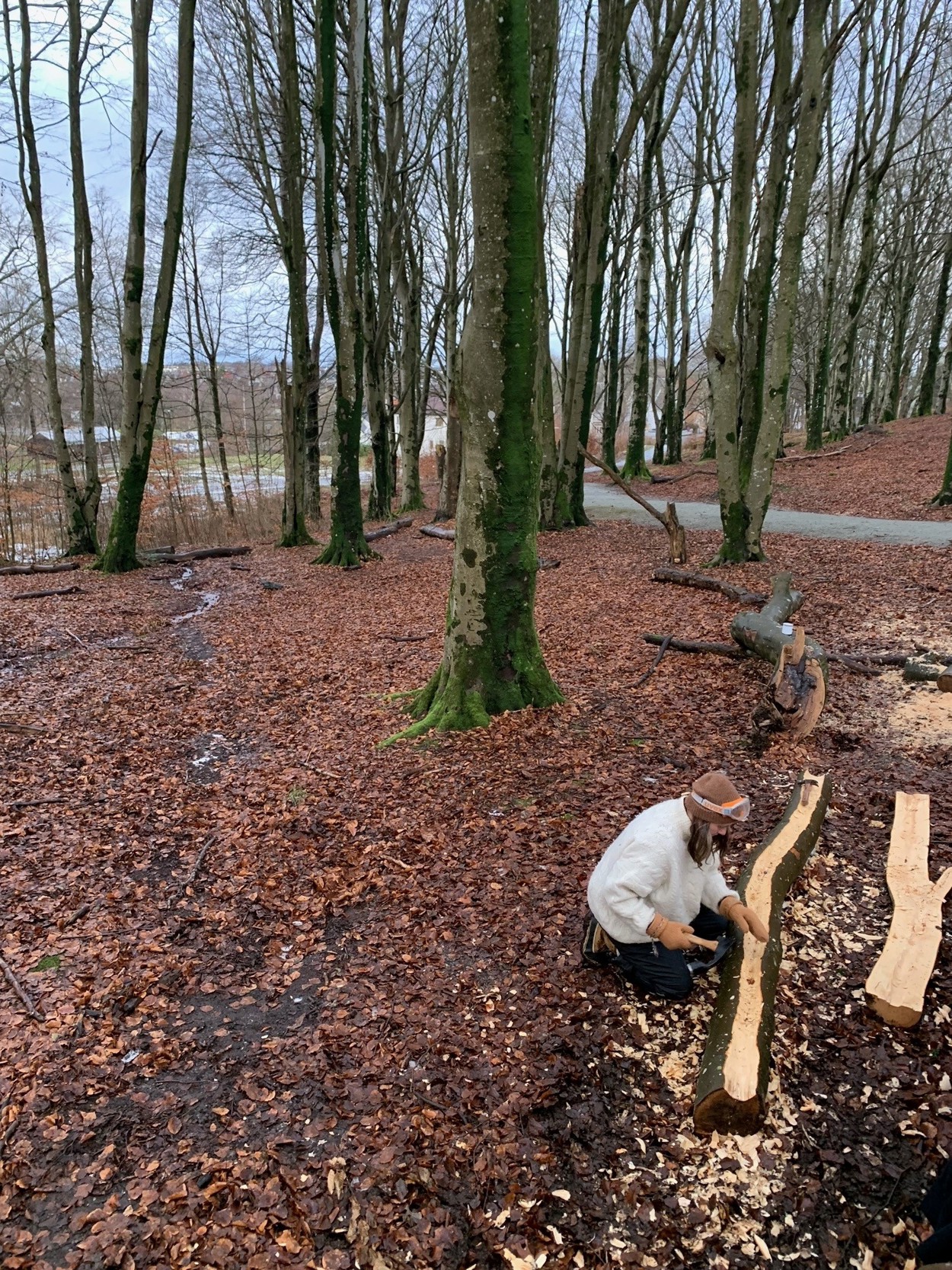 Kunstner Kamilla Skrinde i Vålandsskogen, sitter og bearbeider et tre som har falt ned etter stormen Amy.