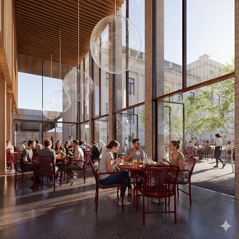 Utsikt fra kafeområde.  Illustrasjon: Lundhagem Arkitekter, DRDH, Jonas Thor