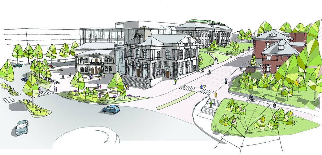 Konseptskisse. Illustrasjon: Bark Arkitekter og studio hoh Illustrasjon av konseptvalg 2c nytt teater- og museumsbygg. Illustrasjon: Bark Arkitekter og studio hoh