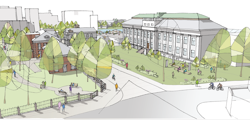 Kannikhøyden sett fra krysset Muségata og Peder Klows gate. Illustrasjon: Bark Arkitekter og studio hoh Kannikhøyden sett fra Muségata og Peder Klows gate. Illustrasjon: Bark Arkitekter og studio hoh