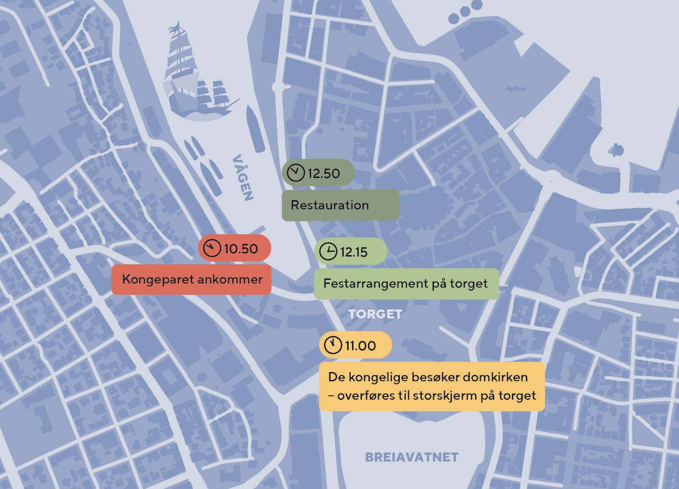 Både kongeparet og kronprinsfamilien besøker Stavanger fredag 4. juli, og emigrantskuta Restauration legger ut på historisk seilas for å markere at det er 200 år siden den første utvandringen til Amerika. Kart over Vågen, torget og domkirken i Stavanger sentrum