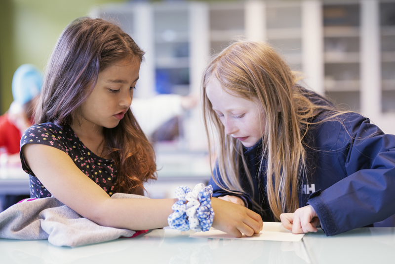 To skoleelever arbeider med en oppgave sammen. 