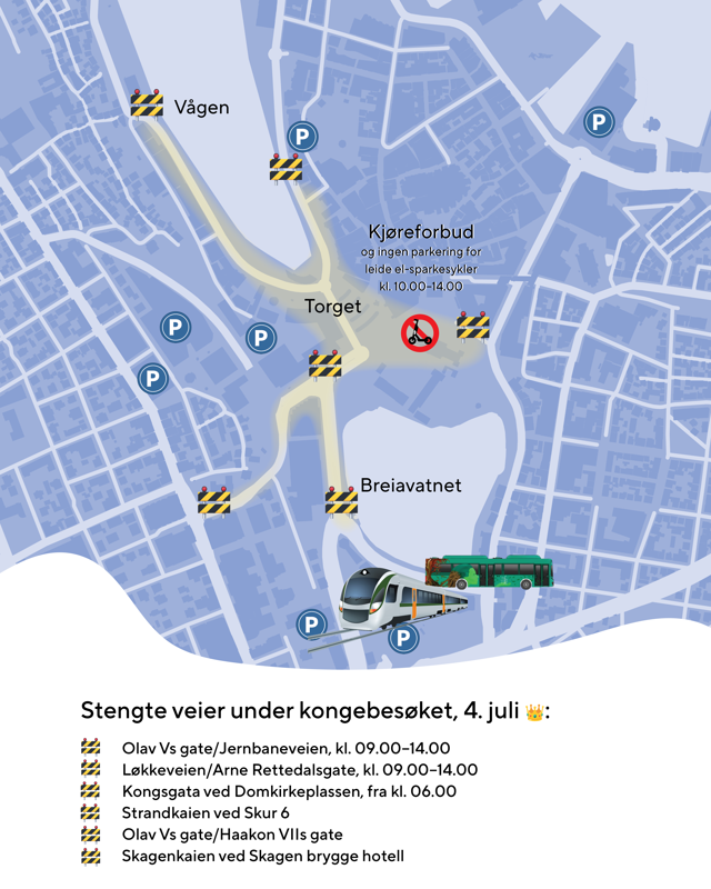 Kart som viser at veiene inn til sentrum er stengt fredag 4. juli, bl.a. Kongsgårdbakken, Olavskleivå og Olav Vs gate langs Hotell Atlantic, samt Sommervågen.