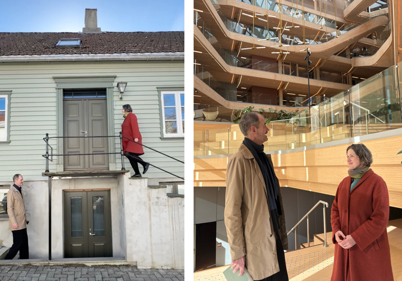 Byarkitekt og byantikvar går opp trappene på et gammelt trehus fra 1800-tallet og inne i Finansparken i Bjergsted. 