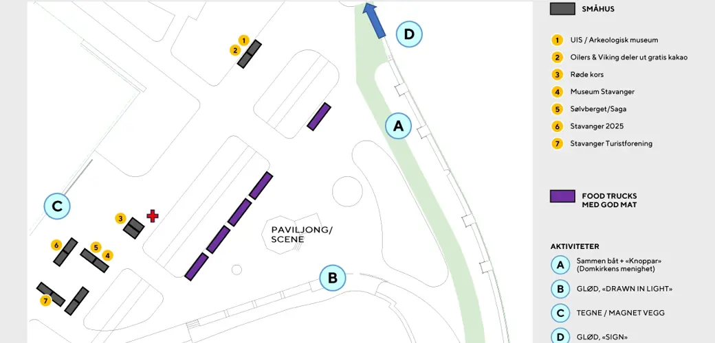 Kart over Byparken, viser stands og scene til arrangementet Programslipp