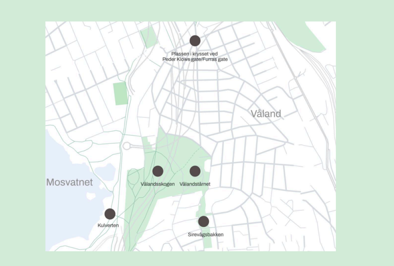 Kunstaksen Våland: Kartet viser punktene som rammer inn området for kunstprosjektet Aksen. 