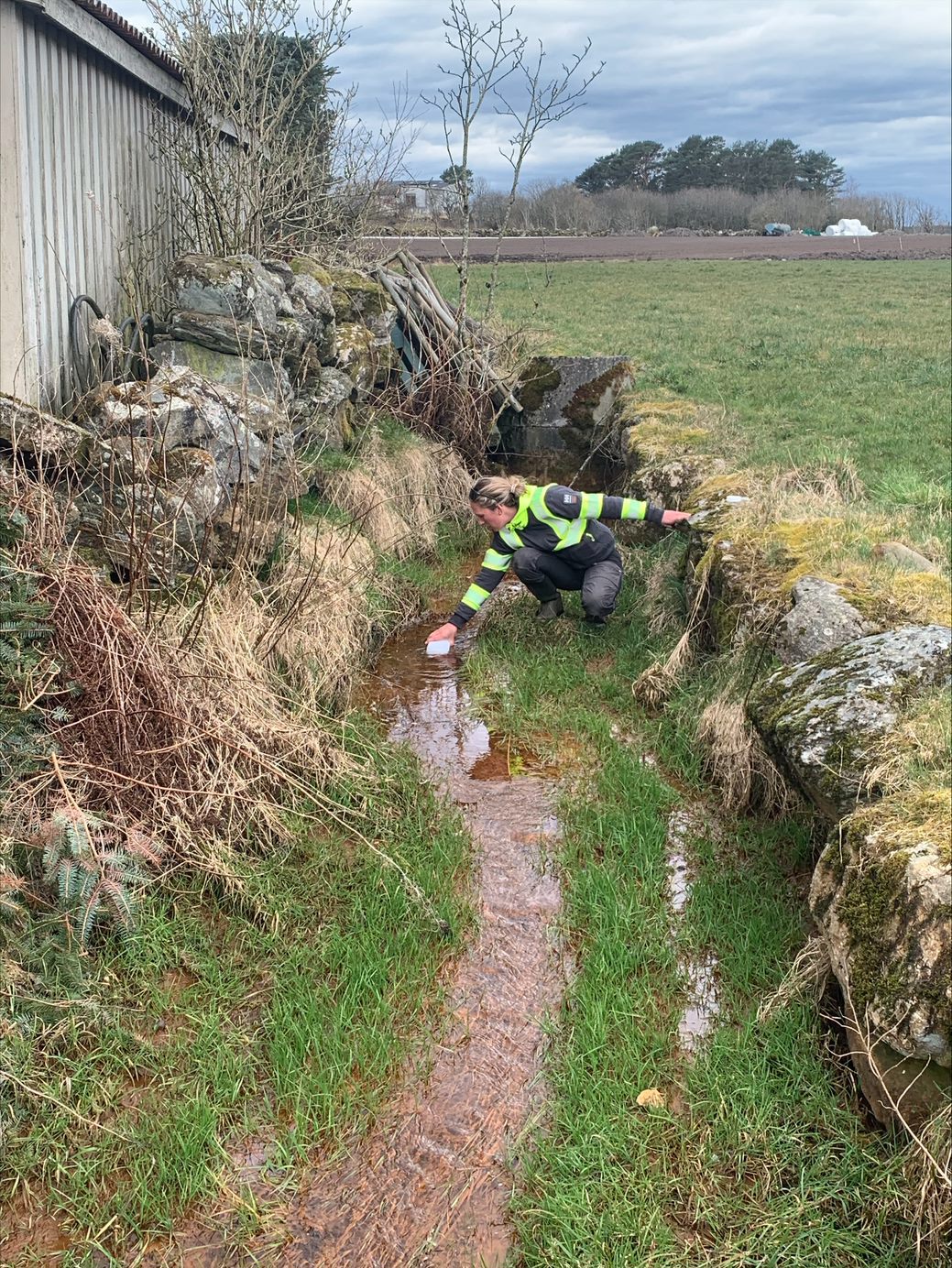 Det tas prøver i en bekk ved Hålandsvatnet
