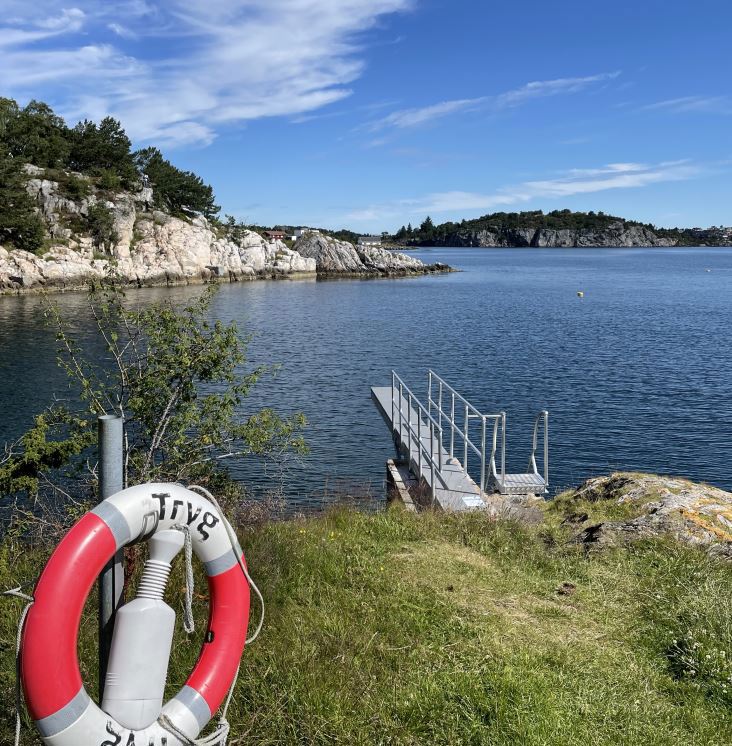stupebrett og litt av en badetrapp på berg ved bukt i sjøen. I forgrunnen en badering.