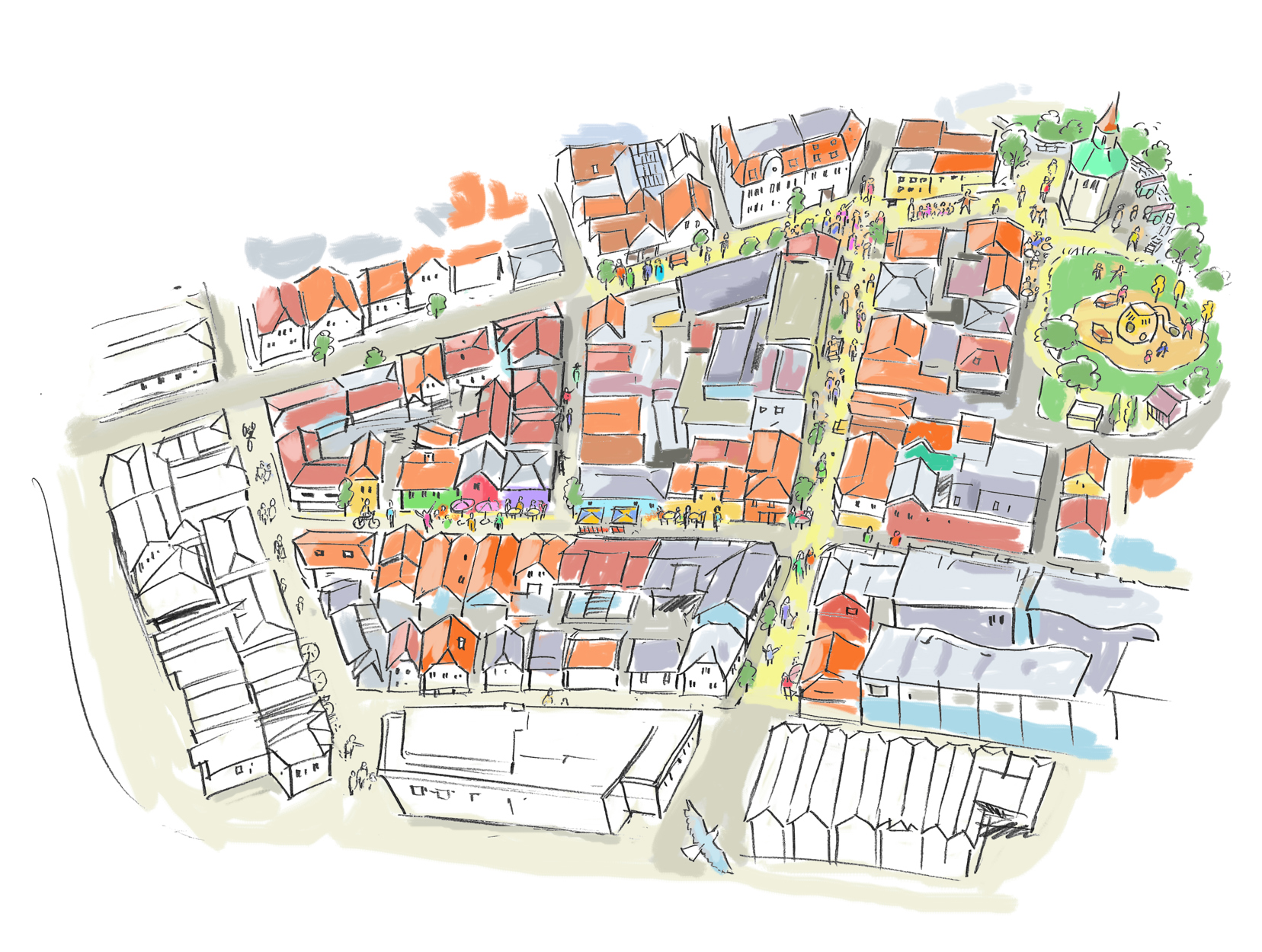 Illustrasjon av Området Valbergparken, Breigata og Kirkegata i fugleperspektiv.